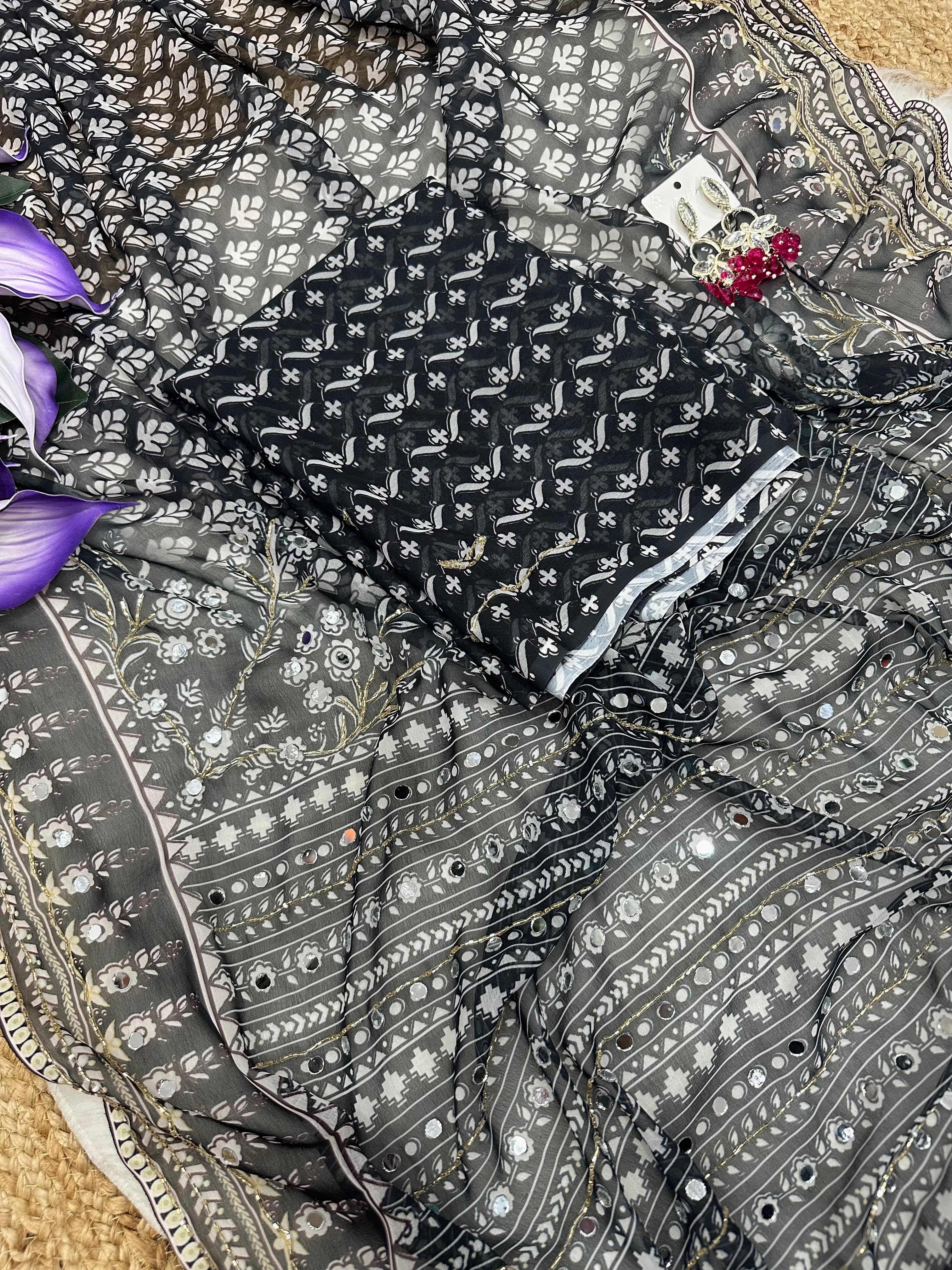 Soft Georgette Digital Printed Val Moti Handwork Saree